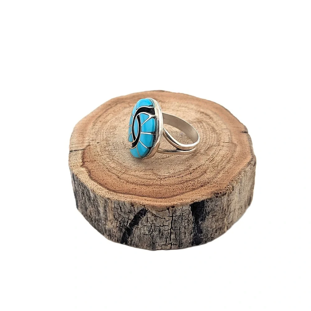 Zuni Hummingbird Ring Kingman RoundTurquoise Native American Jewelry Sz 7.75US**